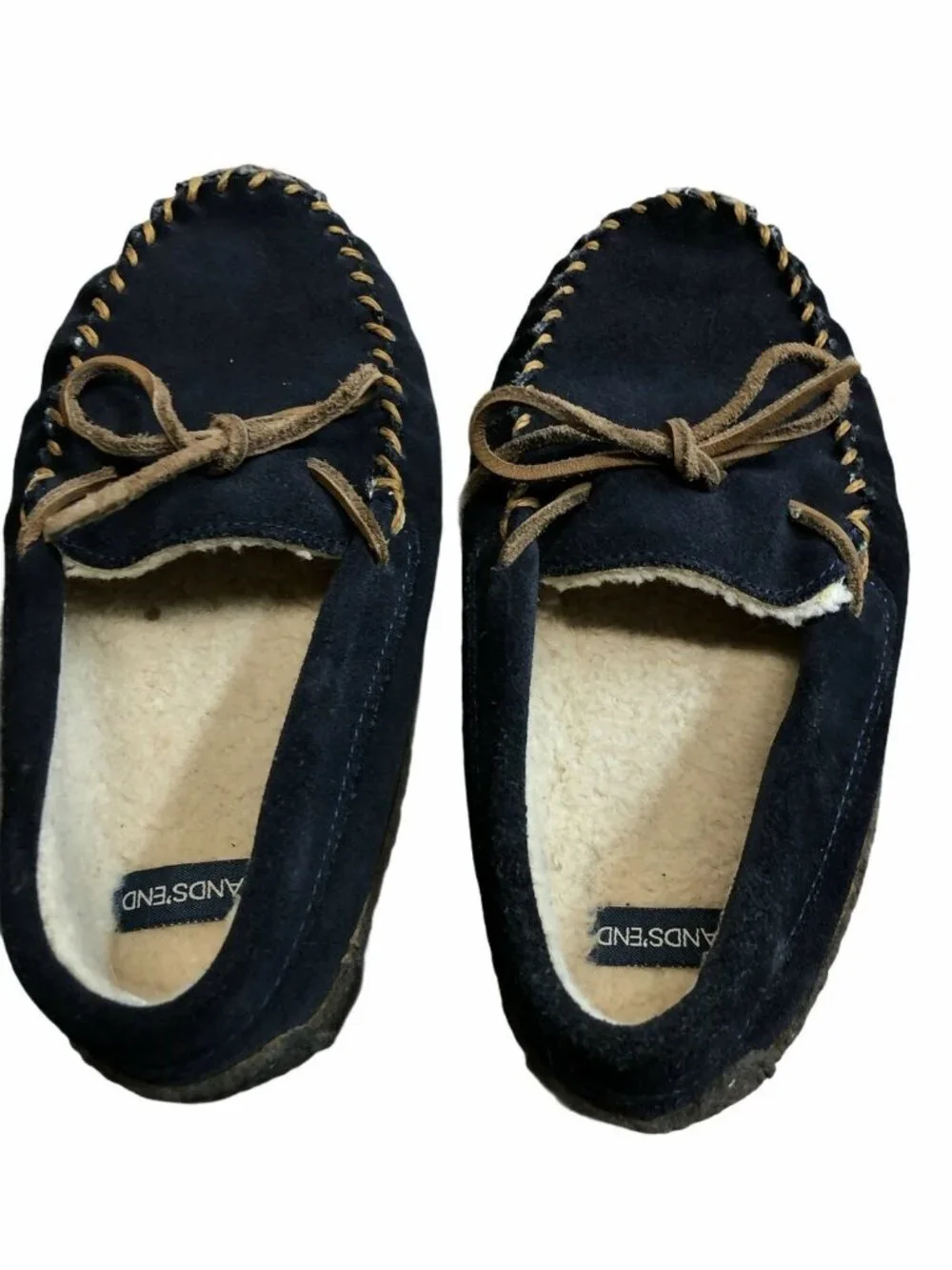 Lands End Moccasin Slippers Boys 2M Tan Navy Blue Suede Leather Faux Fur Lining